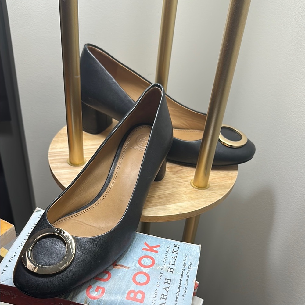 Tori Burch Black Leather Pumps with Gold Accent